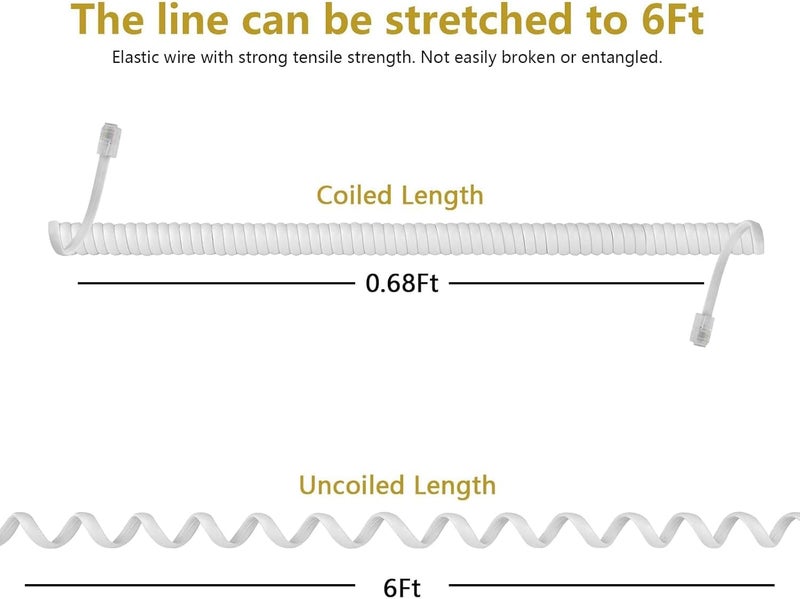 Saisn Telephone Handset Cord 6 Feet (Stretch Length) RJ9 4P4C Phone Cord for Landline Colied Phone Cable Curly Telephone Wire, Colied Length 0.68 to 6 Feet Uncoiled, White - Image 2